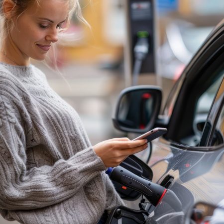 Woman using smartphone near electric car on charging station